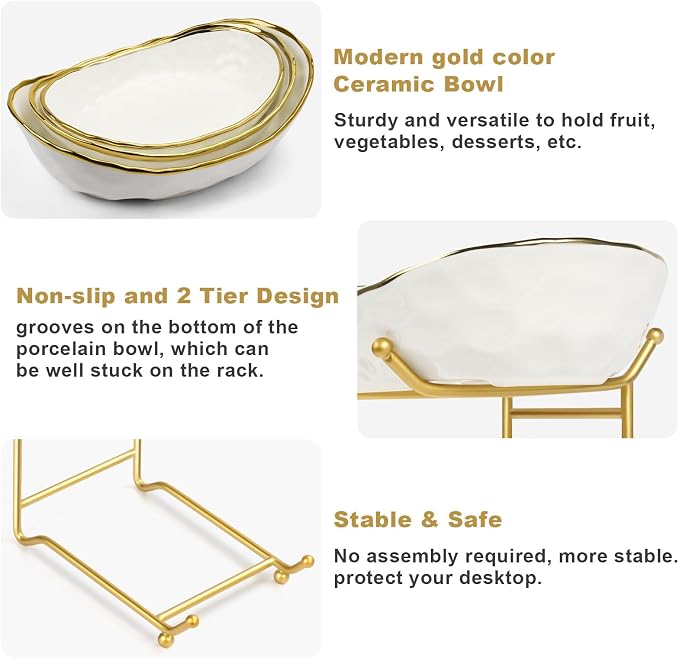 Fruit Bowl with Gold Metal Stand, 3 Tier Modern Ceramic Fruit Bowl Fruit Rack for Kitchen Counter, Tiered Fruit Basket for Snacks Bread Candy Storage (White,3 Tier) - Image 4