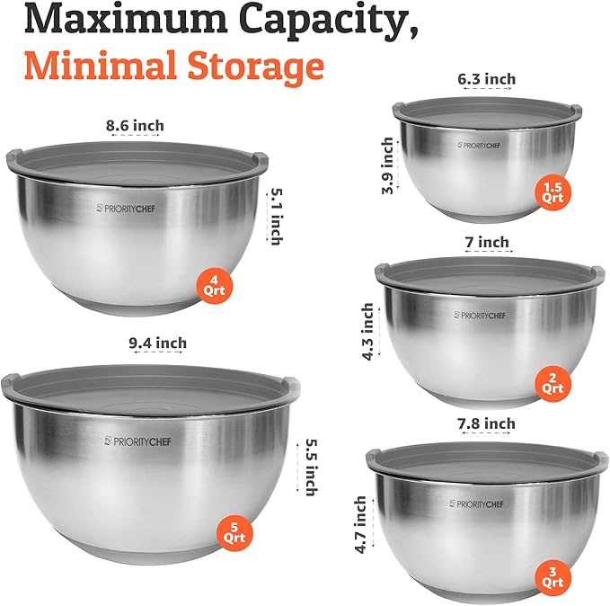 Premium Mixing Bowls With Airtight Lids Set, Thicker Stainless Steel Mixing Bowl Set, Large Prep Metal Bowls with Lids, Nesting Bowls for Kitchen, 1.5/2/3/4/5 Qrt, Grey - Image 3
