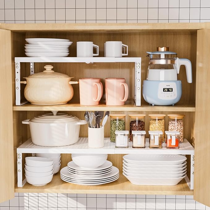 Expandable Adjustable Stackable Kitchen Organizer,Pantry Storage Shelves Racks,for cabinets Shelf, Kitchens, countertops, bathrooms,RV(2Packs/White,Medium) - Image 9