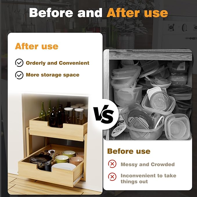 Pull Out Cabinet Organizer, 23''W×21''D Sliding Drawers for Cabinets, 2 Tier Soft Close Slide Out Wooden Pull out Drawers, Base Cabinet Organization for Kitchen, Pantry, Bathroom - Image 6