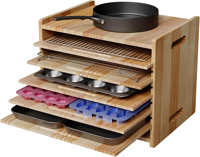 7 Tiers Cookie Sheet Organizer for Cabinet, Wooden Tray Dividers for Kitchen Cabinets Baking Sheet Pan Organizer, for Heavy Pans, Cutting Board, Bakeware, Kitchen Cupboard Storage, Solid Wood by Haidaiya