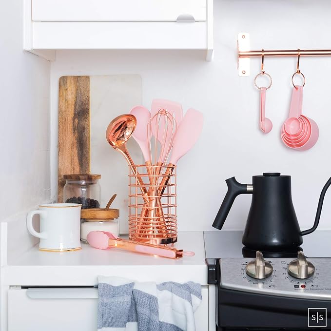 Styled Settings Copper and Pink Kitchen Utensils Set, 17-Piece | Utensils Set with Copper Utensil Holder and Measuring Cups and Spoons for Stylish Cooking and Baking - Image 3