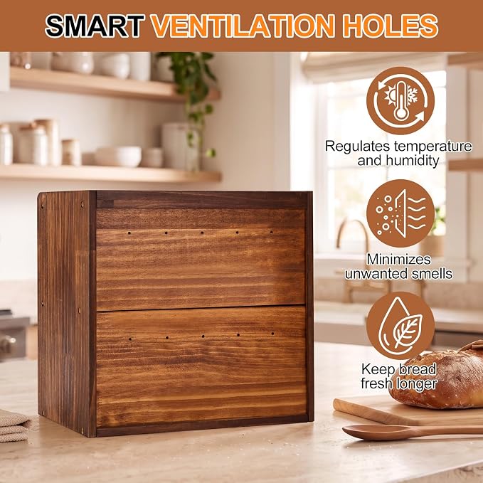 Alpeir Wooden Bread Box for Kitchen Countertop, Large Double Layer, Brown | Food-Safe Pine Wood, Double-Row Ventilation, Strong Acrylic Window, Raised Top Shelf, Easy Care, Farmhouse Corner Container - Image 5