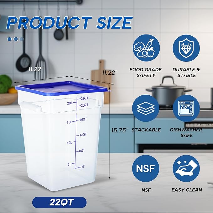 4 Pack 22QT Square Food Storage Containers with Lids | Clear NSF polycarbonate containers with scale, label and measuring cup, stackable for prep, storage, freezer. Dishwasher safe - Image 3