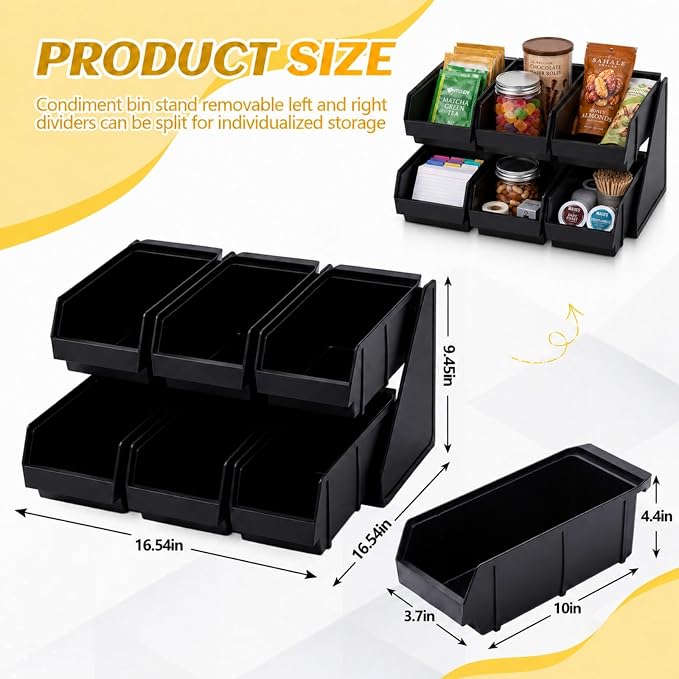 Novabright 6 Compartment Serve Condiment Bin Self Serve Condiment Packet Organizer Stand Countertop Plastic Containers Storage Display Rack for Coffee Shops Restaurants Bars(6 Bin 2 Tier) - Image 2