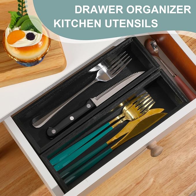Uiifan 6 Pcs 10 x 3 x 2'' Bamboo Drawer Organizer Black Stackable Utensil Silverware Holder Wooden Tray Drawer Dividers Boxes Spoon Storage Organizer for Kitchen Office Bathroom Cabinet Jewelry - Image 4