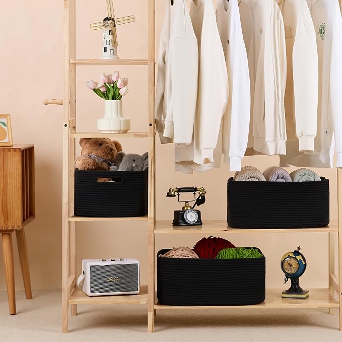 MiniArk Large Storage Baskets for Shelves, 17 x 13 x 7.5” Closet Organizers Bins for Clothes Blanket Towels, Baby Nursery, Toy Baskets Box, Woven Rope Baskets, 3 Packs Black - Image 3