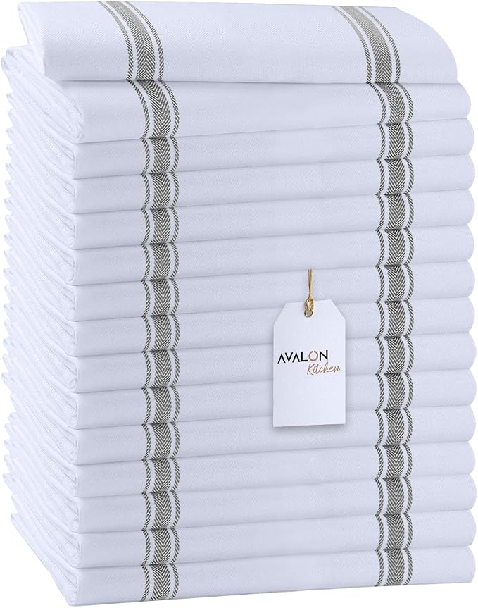 Dish Towels 15 Pack Grey Stripe 100% Cotton Kitchen Towel 15x25 Inch Tea Towels, Dish Cloths for Washing Dishes, Kitchen Rags for Drying Dishes by Avalon+Kitchen