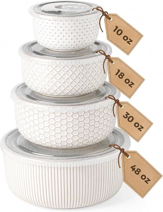 GBhome Ceramic Mixing Bowls Set of 4, Stoneware Nesting Serving Bowls | 48/30/18/10 oz For Prep, Baking, Serving, Gift, Microwave and Dishwasher Safe, Embossed Dishware Collection-Off White by GBhome