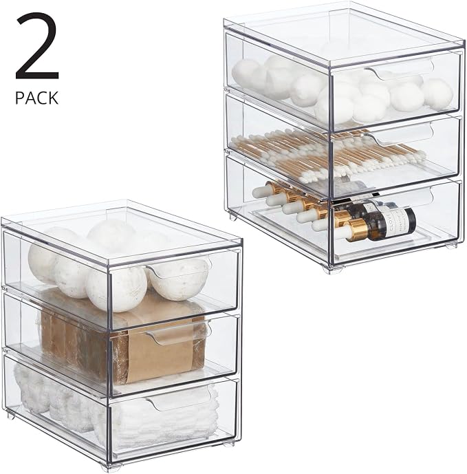 mDesign Plastic Stackable Organizer with 3 Drawers - Pull-Out Drawer Storage Bin for Bathroom Sink/Cabinet Organization - Perfect for Makeup, Small Towels, and More - Lumiere Collection, 2 Pack, Clear - Image 4