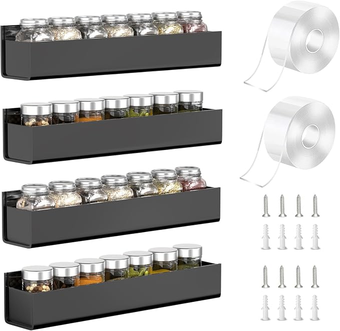 PMMASTO Adhesive Acrylic Spice Rack Organizer for Wall with Nano Double Sided Tape, Spice Shelf Organization for Kitchen Cabinet Door/Pantry Door, Wall Mount Seasoning Rack (Black - 4 Pack) by PMMASTO