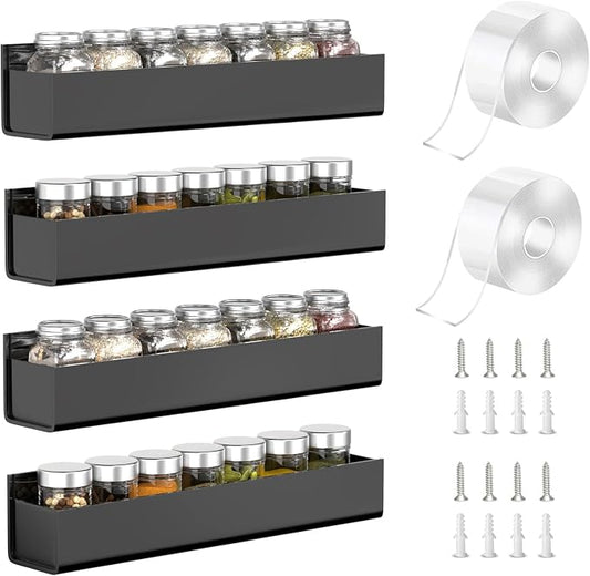 PMMASTO Adhesive Acrylic Spice Rack Organizer for Wall with Nano Double Sided Tape, Spice Shelf Organization for Kitchen Cabinet Door/Pantry Door, Wall Mount Seasoning Rack (Black - 4 Pack) by PMMASTO