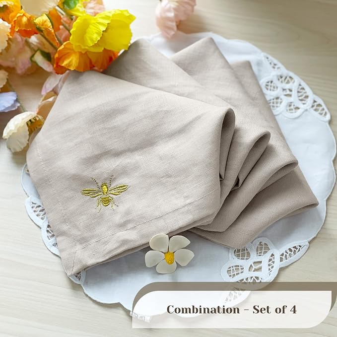 DerF HOME Embroidered Linen Napkins Set of 4, Natural 18x18 Inch | 100% Pure Linen Cloth Dinner Napkins with Natural Texture and Embroidery, Reusable Washable Table Napkins for Home & Events - Image 2