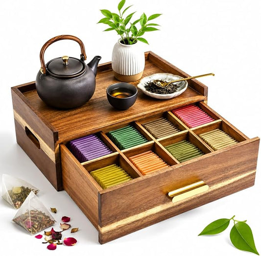 Acacia Wood Tea Bag Organizer 8 Compartment Storage Box & Organizer with Drawer Tea Bag Holder Container Chest,Coffee Station Sugar Packet Display for Countertop, Pantry, Office Cabinet by Unknown