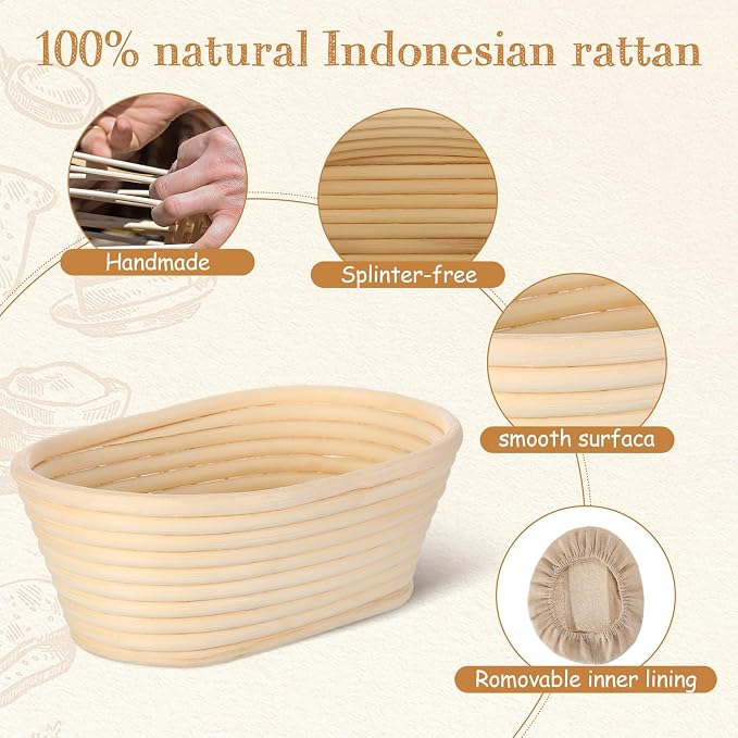 Gejoy 12 Set Bread Proofing Baskets Oval Shaped Banneton Dough Proofing Bowls Kit with Cloth Liner and Plastic Scraper Sourdough Proofing Basket for Home Sourdough Bakers Supplies (8.5 Inch) - Image 2