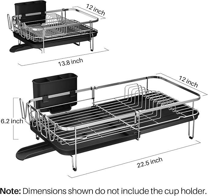SNTD Expandable Dish Drying Rack for Kitchen Counter, 13.8-22.6 in, Silver | Stainless Steel, Removable Utensil & Cup Holder, Self Draining Drainboard with Rotating Spout - Image 2