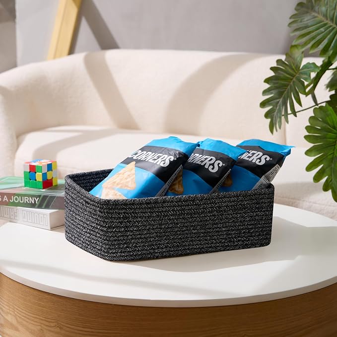 MiniArk Large Shallow Organizing Baskets 15x11x5.1 Inches - Rope Woven Storage Bins for Bathroom, Shelves, Cube Closet, Mixed Black 3 Packs - Image 5