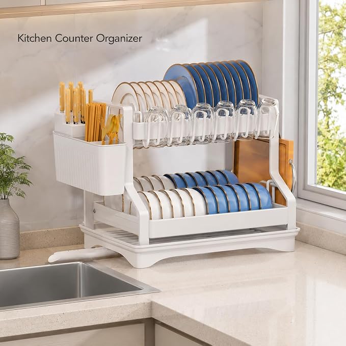 Fandian Dish Drying Rack 2 Tier White Dish Racks for Kitchen Counter and Sink, Large Dish Drying Rack with Drainboard & Utensil Holders Stainless Steel Dish Drainers Kitchen Organization and Storage - Image 7