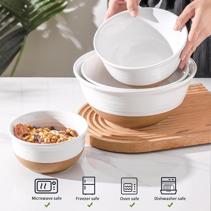 HASENSE Ceramic Serving Bowls Set of 4, 2.1/1.5/1.0/0.5 Qt White & Terracotta Stoneware Mixing Bowls, Farmhouse Bowls for Cooking, Prepping, Salad & Soup, Dishwasher & Microwave Safe, Serving Dishes - Image 4