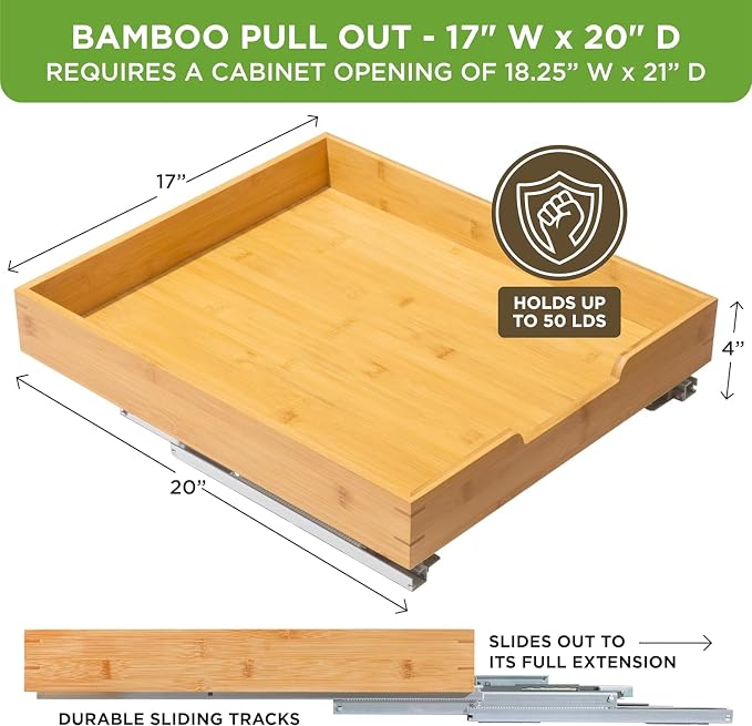 HOLDN’ STORAGE Bamboo Wooden Pull Out Cabinet Organizer 17"W x 21"D | Bamboo Tray and Heavy Gauge Metal Rails, W/Lifetime Limited Warranty, Fits 18.25"W x 21"D Cabinets - Image 3