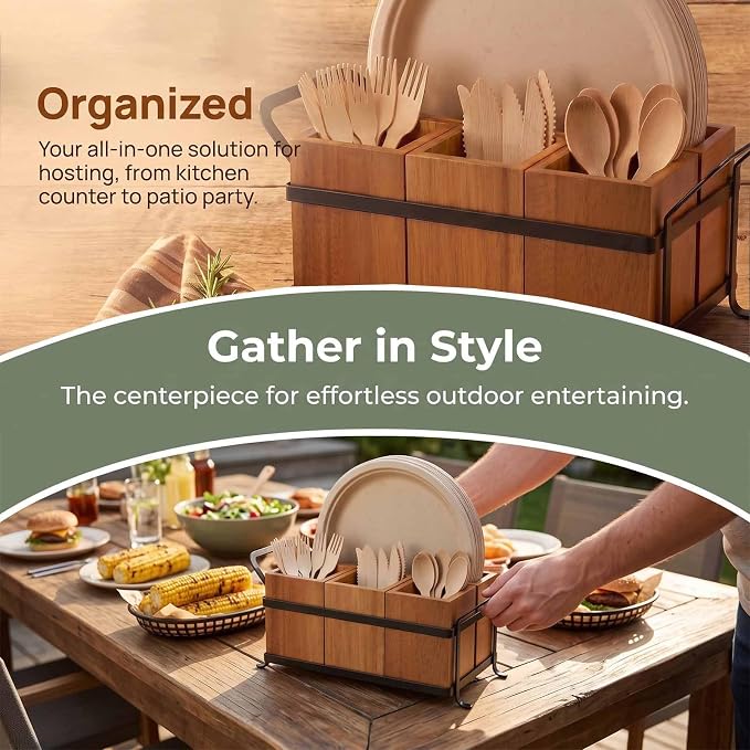 NelyBet Utensil Holder Silverware Caddy for Party Countertop, 4pcs Wood Bins Set Silverware Organizer Cutlery Holders for Spoon Fork Napkin Plate - Image 5