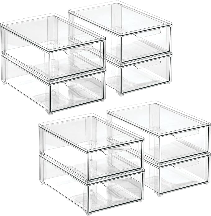 mDesign Plastic Stackable Bathroom Storage Organizer Bin with Pull Out Drawer for Cabinet, Vanity, Shelf, Cupboard, Cabinet, or Closet Organization - Lumiere Collection - 8 Pack - (Clear, 8 x 12 x 4) - Image 9