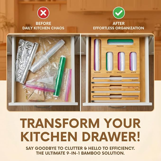 9 in 1 Storage Bag Organizer for Kitchen Drawer, Bamboo Foil and Plastic Wrap with Cutter, Ziplock Bag Organizer for Quart, Gallon, Sandwich & Snack Bags - Image 3