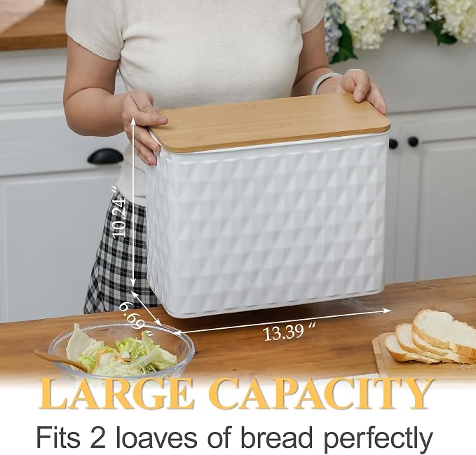 Extra Large Diamond Pattern Embossed Bread Box with Bamboo Lid | Corner Breadbox for Homemade Bread, White Metal Bread Storage Container Bin for Kitchen Countertop, Fits 2 Loaves of Bread - Image 2