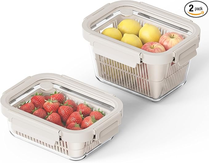 Glass Fruit Storage Containers for Fridge, 2 Pack Produce Containers with Removable Colanders & Vent Glass Lids, Airtight Fruit & Vegetable Storage, BPA Free Borosilicate Glass by GENICOOK