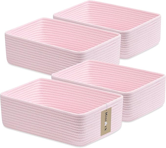MiniArk Large Shallow Organizing Baskets 15x11x5.1 Inches - Rope Woven Storage Bins for Bathroom, Shelves, Cube Closet, Light Pink 4 Packs by MiniArkStorageBasketsHome