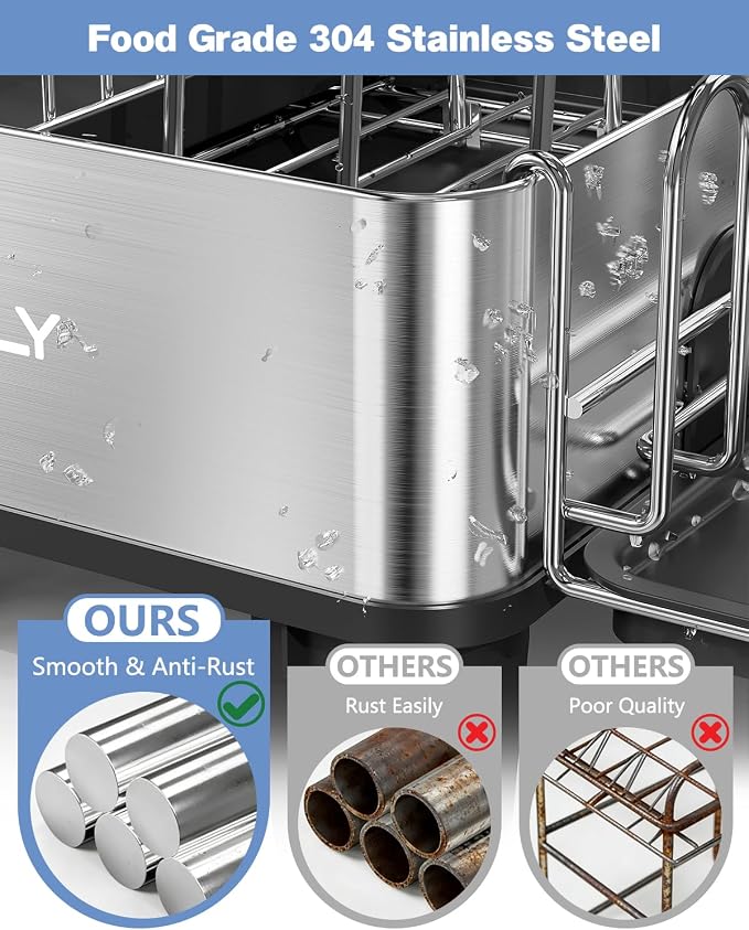 Dish Drying Rack, 304 Stainless Steel Exendable Dish Rack with Adjustable Drain Spout, Large Capacity Dish Drainer with Utensil Holder, Cup Holder and Cutting Board Rack for Kitchen Counter, Black - Image 2