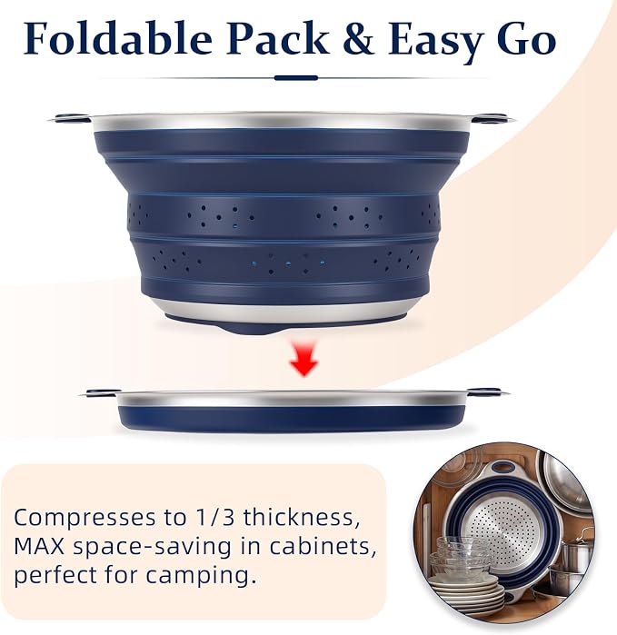 Collapsible Colander Set with Silicone Mat,2-in-1 Stainless Steel Colander for Kitchen, Foldable Metal Colander, Space-Saving for Pasta Veggies Fruit(NAVY BLUE) - Image 7