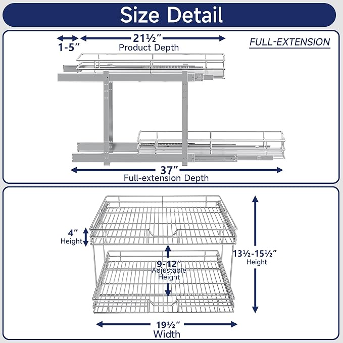 2-Tier Pull Out Cabinet Organizer, 19.5" W x 21.5" D, Heavy Duty Dual Slide Out Shelves for Base Cabinets, Chrome Wire Basket Drawer for Pantry, Kitchen & Bathroom Storage - Image 2