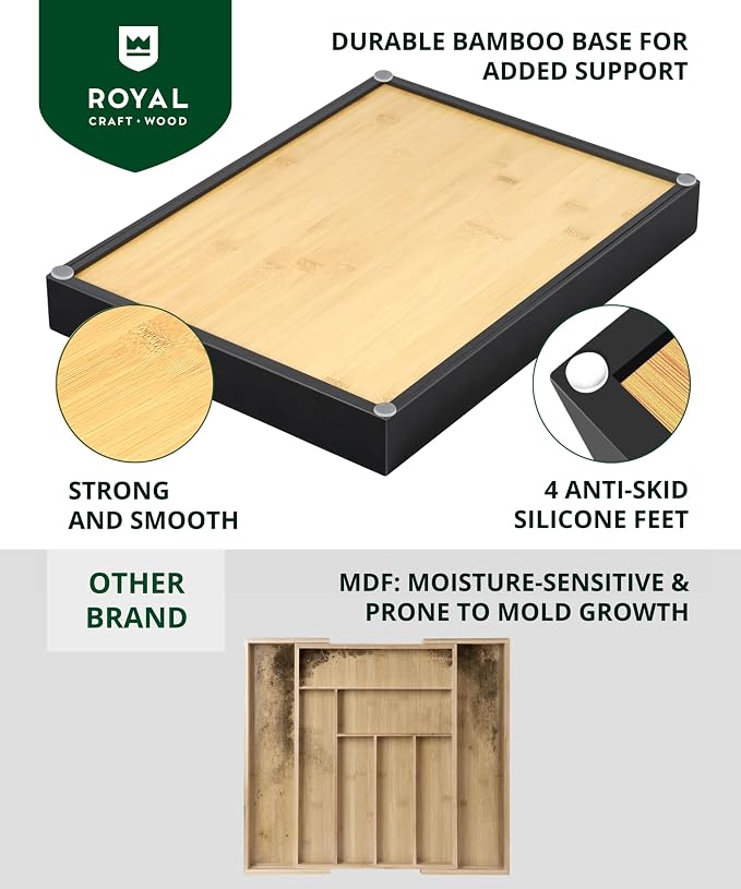 ROYAL CRAFT WOOD Luxury Bamboo Kitchen Drawer Organizer - Silverware Organizer - Utensil Holder and Cutlery Tray with Grooved Drawer Dividers for Flatware and Kitchen Utensils (7 Slot) - Image 4