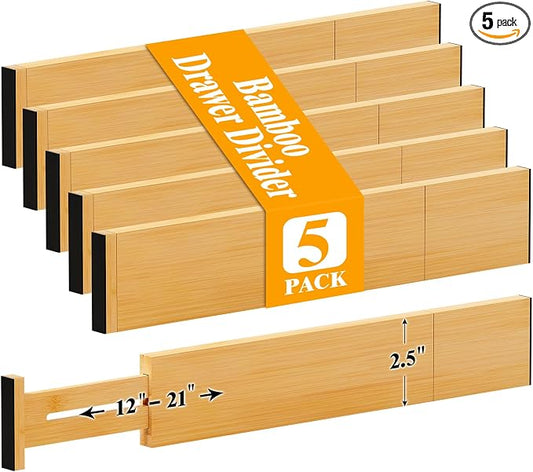 Bamboo Drawer Dividers, 12-21 Inch Kitchen Adjustable Drawer Organizers | Expandable Dresser Separators for Clothes, Ideal for Kitchen, Bathroom, Vanity, Office Organization and Storage, 5-Pack by Ryqtop