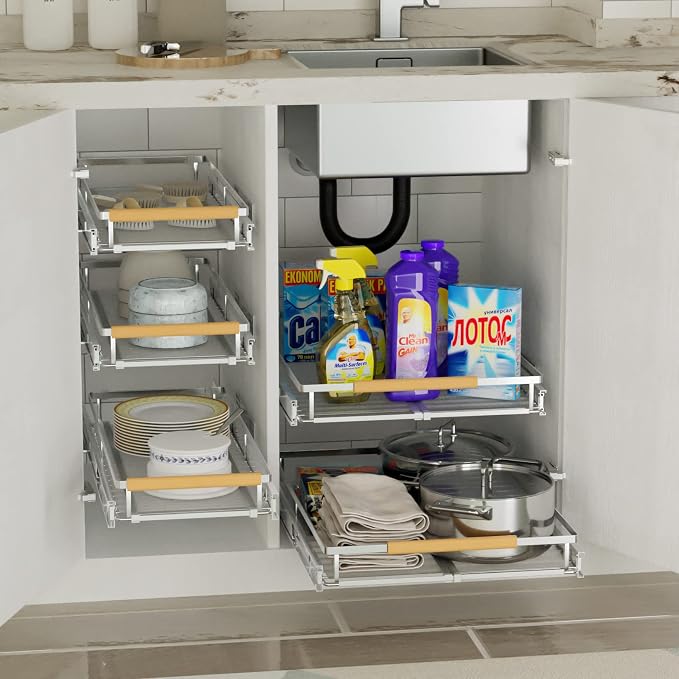 SANNO Pull Out Cabinet Organizer, Slide Out Cabinet Shelf,Under Sink Slide Out Cabinet Organizer, Pots Pans Organizer Smooth Roll,Expandable Width 16.1 to 26.4" W - Image 5