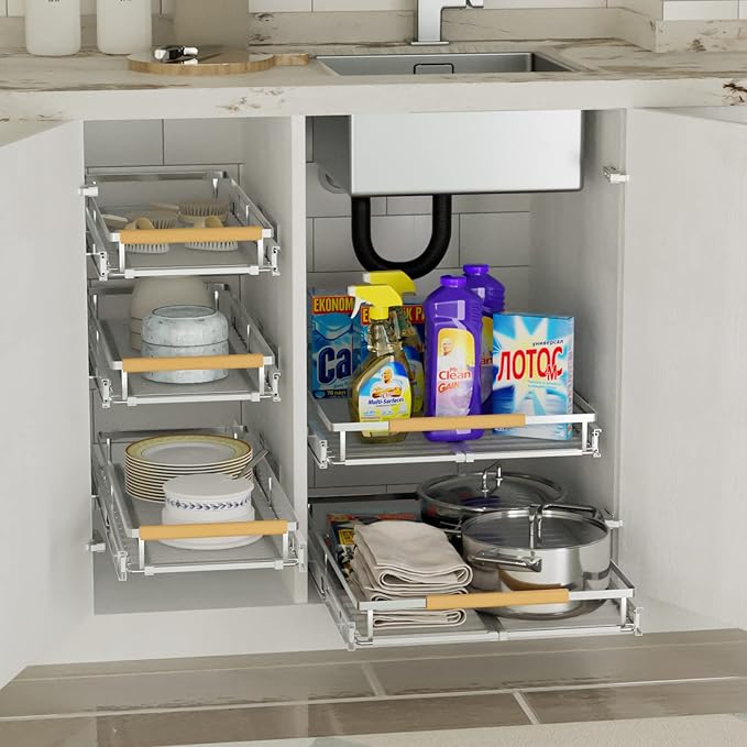 SANNO Expandable Pull Out Cabinet Organizer,Slide Out Pantry Shelf for Kitchen Cabinet or Under Sink,Extendable Width16.1 to 26.4" W,Chrome Finish,3Pack - Image 4
