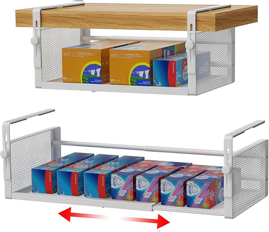 AmonHouseware 2Pack Expandable Under Shelf Storage Basket Organizer, White | Adjustable Hanging,Length Stretchable14.9-22.6Inch,Under Cabinet Shelf for Laundry Room Kitchen Pantry Desk Counter Cupboard by AmonHouseware