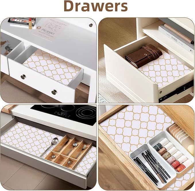 Shelf Drawer Liners for Kitchen Cabinets 23.6 in X 20 Ft Drawer Liner | Non Adhesive Thickened Refrigerator Liner Gold Quatrefoil Strong Non-Slip Paper for Tool Box with Knife and Tape Measure - Image 5