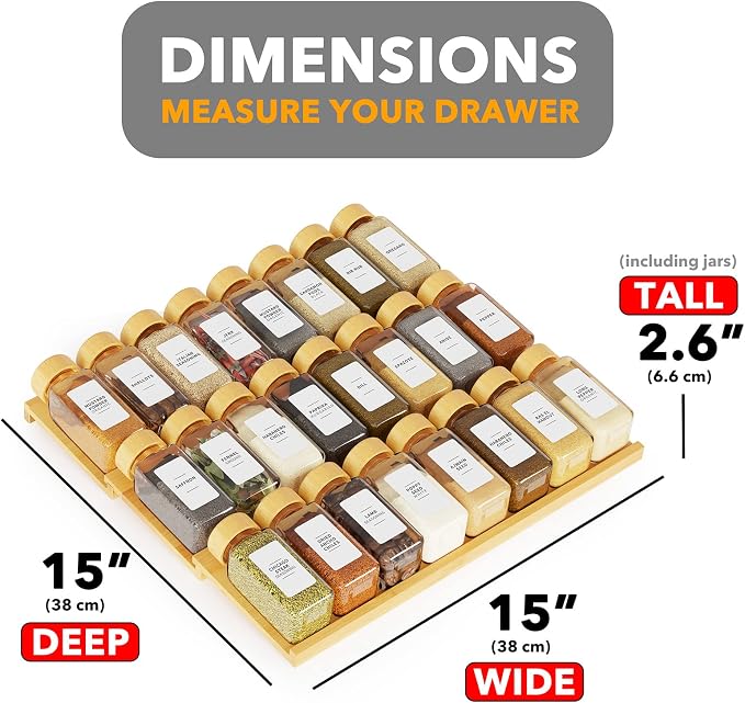 SpaceAid Bamboo Spice Drawer Organizer with 24 Spice Jars, 378 White Minimalist Spice Labels, 3 Tier Seasoning Rack Tray Insert for Kitchen Drawers, 15" Wide x 15" Deep x 2.6" Tall - Image 4