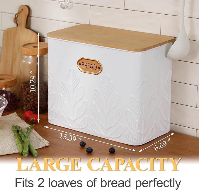 Extra Large Plant Pattern Embossed Bread Box with Bamboo Lid | Corner Breadbox for Homemade Bread, White Metal Bread Storage Container Bin for Kitchen Countertop, Fits 2 Loaves of Bread - Image 4