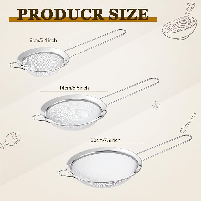 Geetery 7 Pcs Stainless Steel Kitchen Accessories Set 3 Nesting Mixing Bowls with Lid(1.5/3/5qt), 1 Colander with Handle(5qt), 3 Fine Mesh Strainers(8/14/20cm) for Cooking, Baking, Prepping, Draining - Image 3