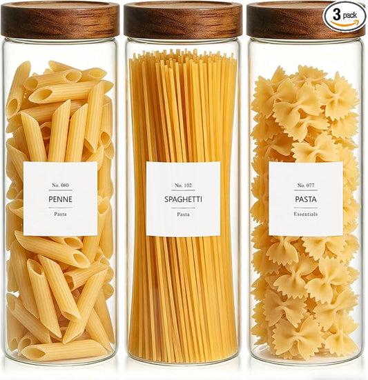 KEYWING 64oz Pasta Storage Containers with Lids, Glass Spaghetti Containers | 3Pcs 11.4” Tall Food Storage Jars with Airtight Acacia Wood Lid, Pantry Organizers for Cereal, Bread-sticks, with 126 Labels by KEYWING