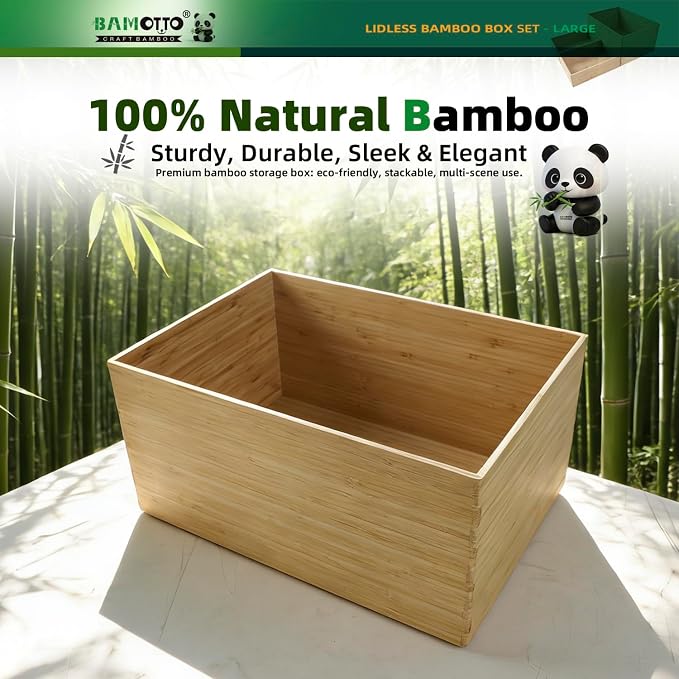 BAMOTTO CRAFTBAMBOO 3-Piece Bamboo Storage Box Set Stackable Organizer | Large 14.6"x10.2"x7.1" + 2x Small 10.2"x7.3"x3" | Open-Top | Deep-Drawer Bin for Kitchen Cutlery Utensils Knives - Image 6