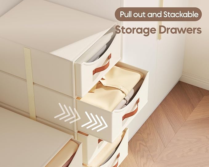 Stackable Storage Drawers - Large Collapsible Storage Bins with Drawers, 4 Pack Closet Shelf Organizer Basket, Fabric Pull Out Organizer for Bedroom, Living Room, Dorm, Light Beige - Image 4