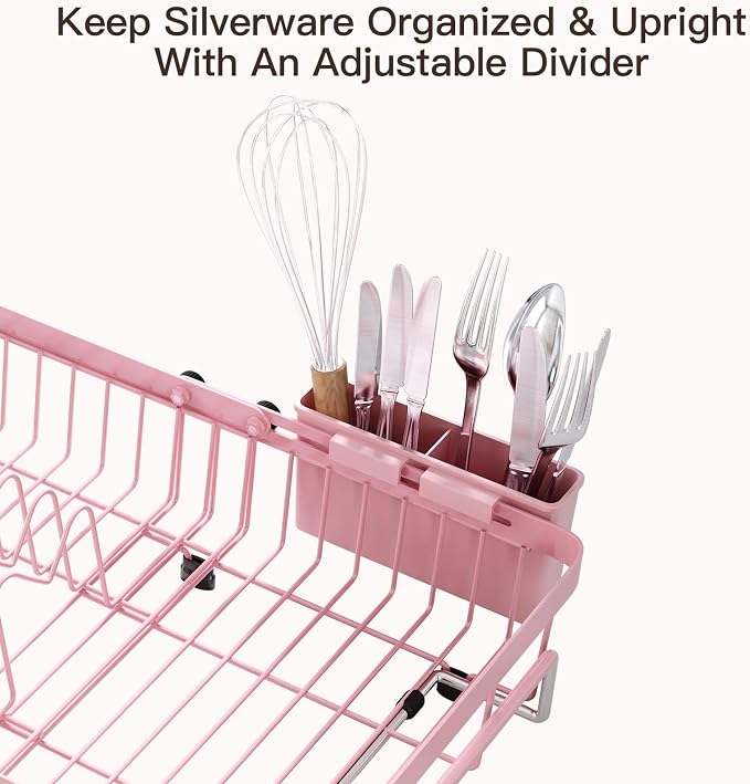 Pink Dish Drying Rack Over The Sink with Utensil Holder | Expandable Stainless Steel Dish Drainer for Small Kitchen, Apartment, RV, Counter Space Saving, Perfect Fit, Rustproof - Image 8