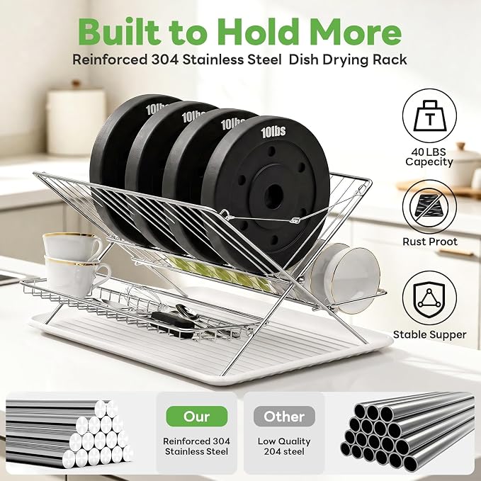 Stainless Steel Foldable Dish Drying Rack, 3 Tier Large Capacity Collapsible Folding Dish Drainer with Drainboard for Kitchen Counter (Upgraded) - Image 5