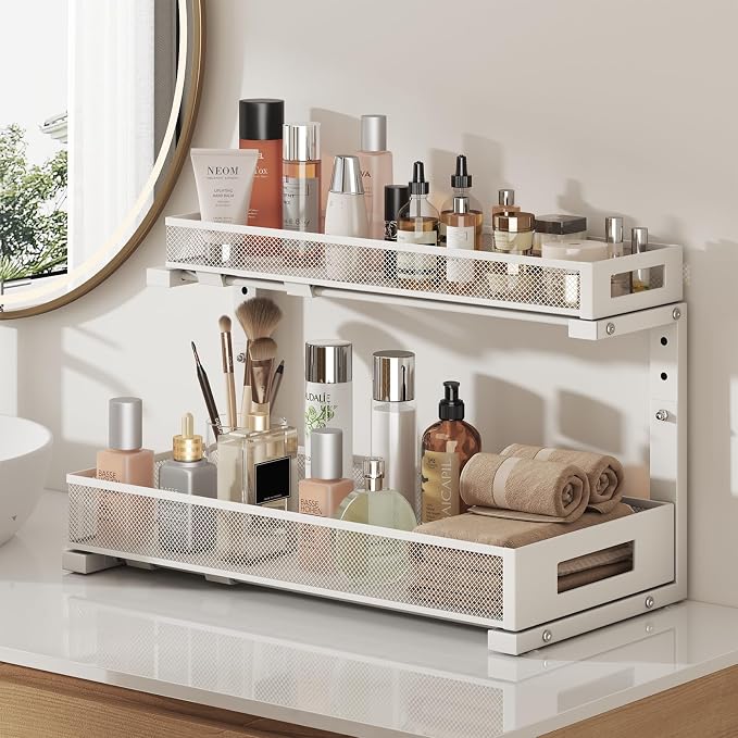 2 Pack 19IN Depth Under Sink Storage Organizer, Large 2-Tier Elegant Mesh Pull Out Shelf for Kitchen and Bathroom Cabinet Organization, L-Shaped and Adjustable Height Design-White - Image 6