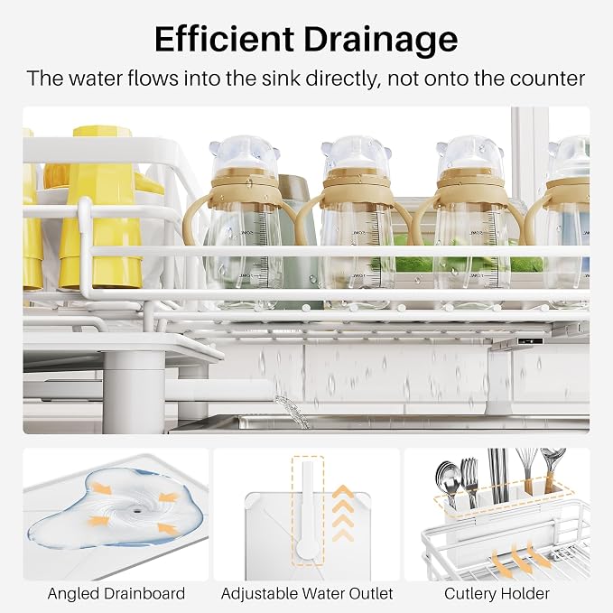 Expandable Dish Drying Rack for Kitchen Counter, Stainless Steel, White | Foldable Over Sink, Large Capacity, Adjust to Fit Most Sinks, Angled Drainboard, Removable Utensil Holder, Slip Resistant - Image 6