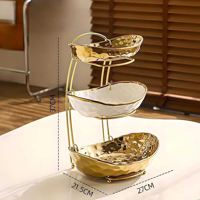 XUDREZ 2 Tier/ 3 Tier Fruit Bowl with Metal Stand for Kitchen Counter, Ceramic Gold Silver, Portable Tiered Fruit Basket Fruit Rack for Nuts, Snacks, Bread, Candy Storage (Gold, 3 Tier) - Image 2